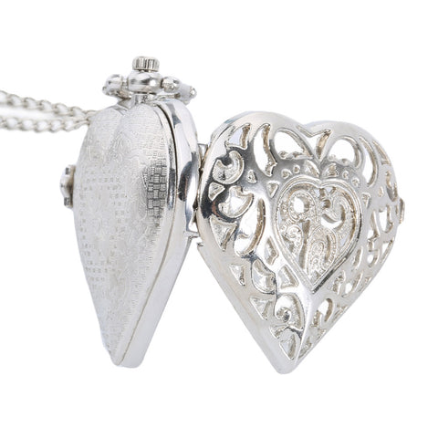 Image of Fashion Silver Hollow Quartz Heart Shaped Pocket Watch Necklace Pendant Chain Clock Women Gift High Quality LXH