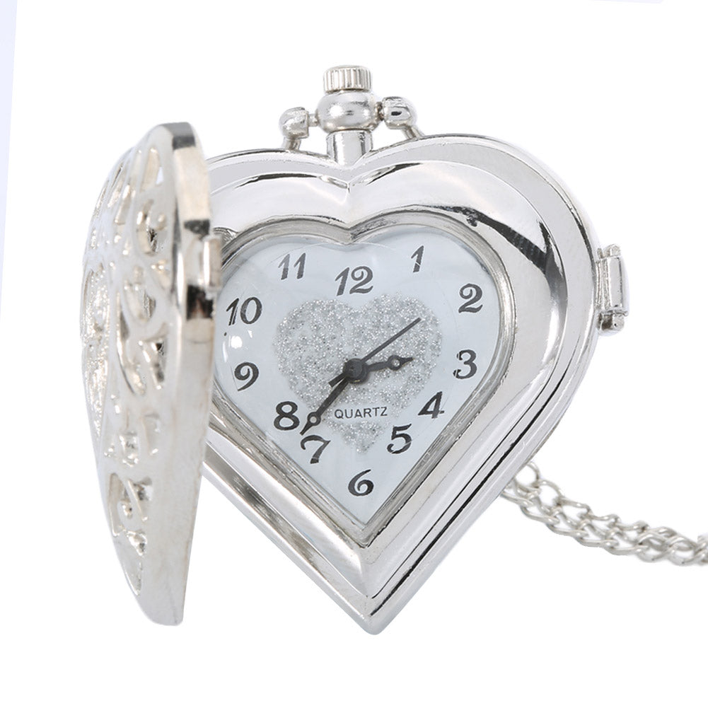 Fashion Silver Hollow Quartz Heart Shaped Pocket Watch Necklace Pendant Chain Clock Women Gift High Quality LXH