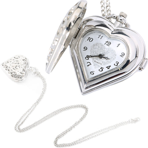 Image of Fashion Silver Hollow Quartz Heart Shaped Pocket Watch Necklace Pendant Chain Clock Women Gift High Quality LXH