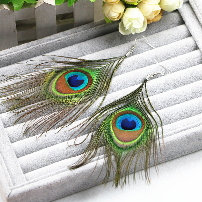Natural Peacock Feather Drop Earrings - Free + Shipping