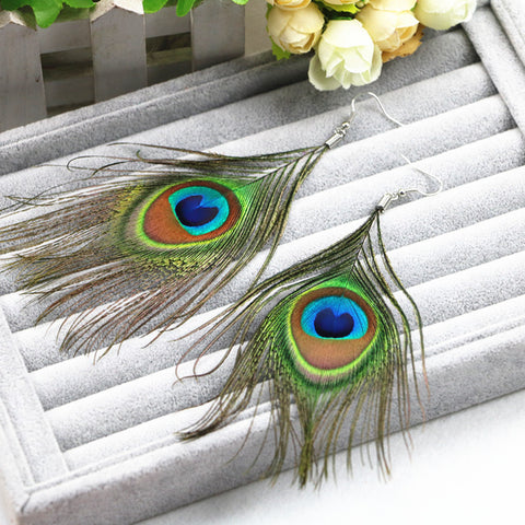 Image of Natural Peacock Feather Drop Earrings - Free + Shipping