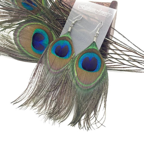 Image of Natural Peacock Feather Drop Earrings - Free + Shipping