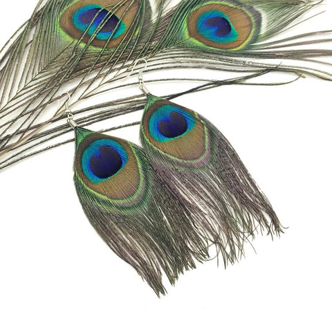 Image of Natural Peacock Feather Drop Earrings - Free + Shipping