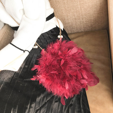 Image of New Women Handbags Quality Soft Fluffy Plush & Feathers Elegant Ladies Chain Round Shoulder bag