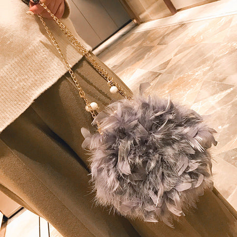 Image of New Women Handbags Quality Soft Fluffy Plush & Feathers Elegant Ladies Chain Round Shoulder bag