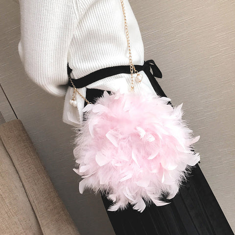 Image of New Women Handbags Quality Soft Fluffy Plush & Feathers Elegant Ladies Chain Round Shoulder bag