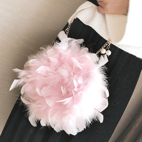 Image of New Women Handbags Quality Soft Fluffy Plush & Feathers Elegant Ladies Chain Round Shoulder bag