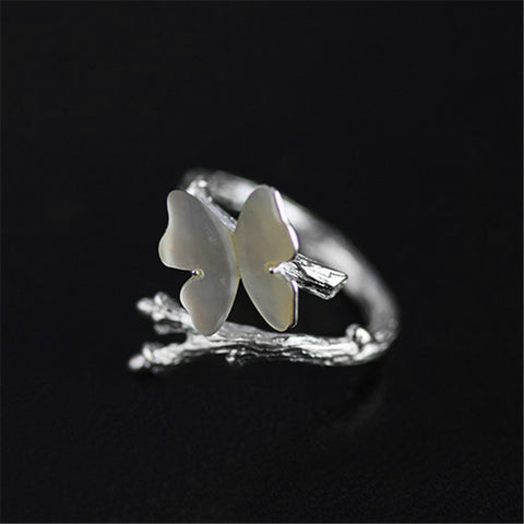 Image of Lotus Real 925 Sterling Silver Natural Original Cute Butterfly on Branch Female Rings Bijoux