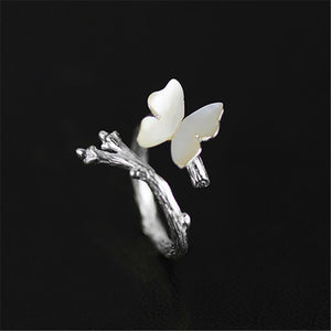 Lotus Real 925 Sterling Silver Natural Original  Cute Butterfly on Branch Female Rings Bijoux