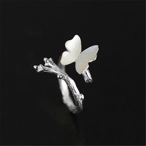 Image of Lotus Real 925 Sterling Silver Natural Original Cute Butterfly on Branch Female Rings Bijoux
