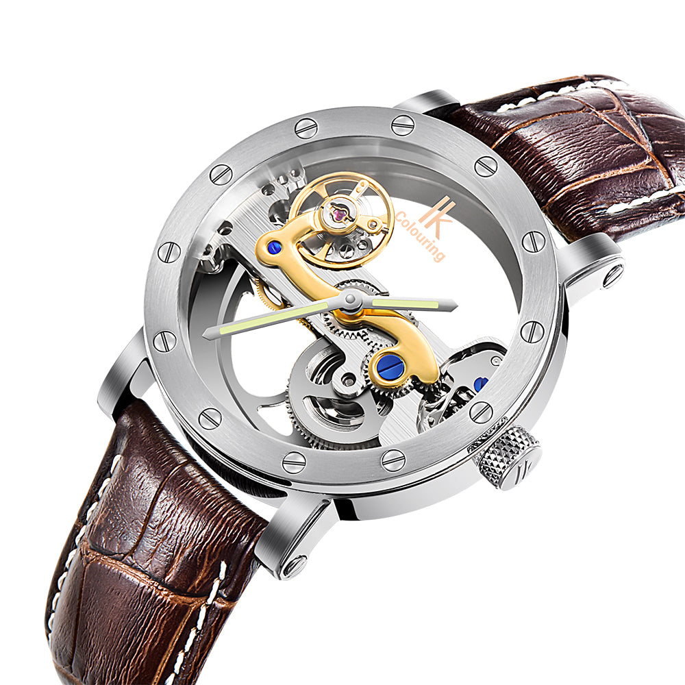 Luxury Brand IK  Leather Strap Transparent Dial Golden Case Mens Watches Automatic Mechanical
