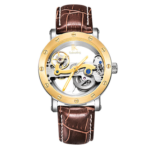 Image of Luxury Brand IK  Leather Strap Transparent Dial Golden Case Mens Watches Automatic Mechanical