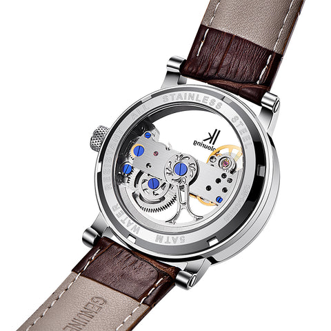 Image of Luxury Brand IK  Leather Strap Transparent Dial Golden Case Mens Watches Automatic Mechanical