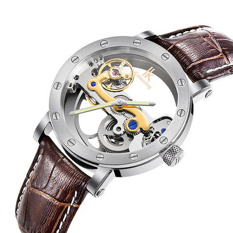 Image of Luxury Brand IK  Leather Strap Transparent Dial Golden Case Mens Watches Automatic Mechanical