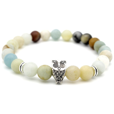Image of Antique Silver Animal Owl Head Bracelets Amazonite Stone Beads Bracelets