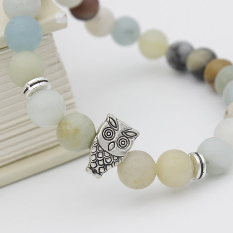 Image of Antique Silver Animal Owl Head Bracelets Amazonite Stone Beads Bracelets