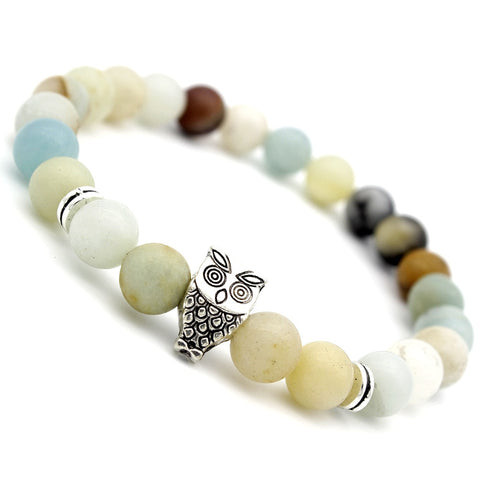 Image of Antique Silver Animal Owl Head Bracelets Amazonite Stone Beads Bracelets
