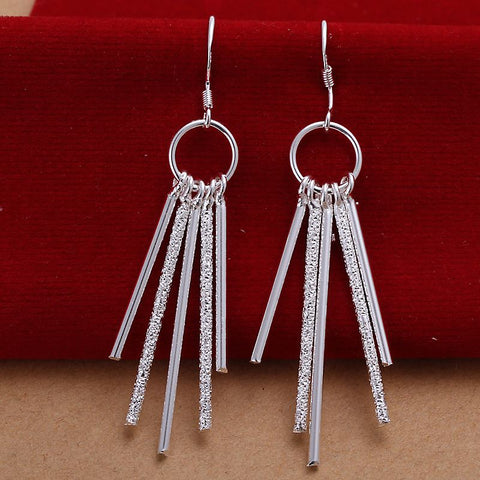 Image of Silver plated Drop Earrings five lines tassel 5.7cm long earrings