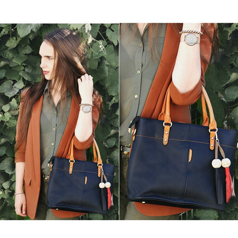 Image of Tassel Tote Bag Women Soft Leather Ladies Handbag Crossbody Messenger Bag