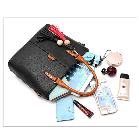 Image of Tassel Tote Bag Women Soft Leather Ladies Handbag Crossbody Messenger Bag