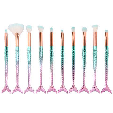 Image of Professional 10 PCS Mermaid Makeup Brushes Set Foundation Blending Powder Eyeshadow Contour Concealer Blush Cosmetic Makeup Tool