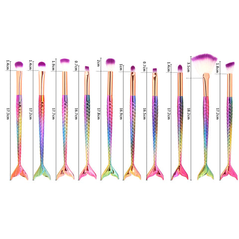 Image of Professional 10 PCS Mermaid Makeup Brushes Set Foundation Blending Powder Eyeshadow Contour Concealer Blush Cosmetic Makeup Tool