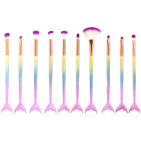 Image of Professional 10 PCS Mermaid Makeup Brushes Set Foundation Blending Powder Eyeshadow Contour Concealer Blush Cosmetic Makeup Tool