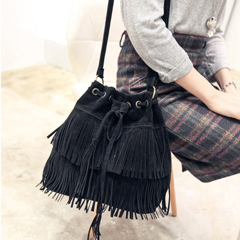 Image of Retro Faux Suede Fringe Women Messenger Bags Tote New Handbag Tassel Shoulder Handbags Crossbody Bag Top-Handle Bags