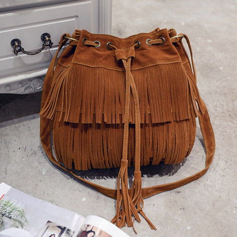 Image of Retro Faux Suede Fringe Women Messenger Bags Tote New Handbag Tassel Shoulder Handbags Crossbody Bag Top-Handle Bags
