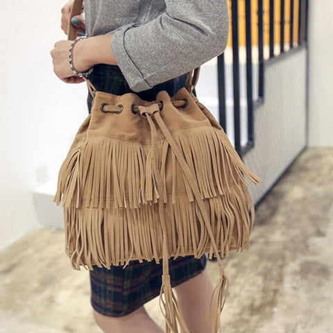 Image of Retro Faux Suede Fringe Women Messenger Bags Tote New Handbag Tassel Shoulder Handbags Crossbody Bag Top-Handle Bags