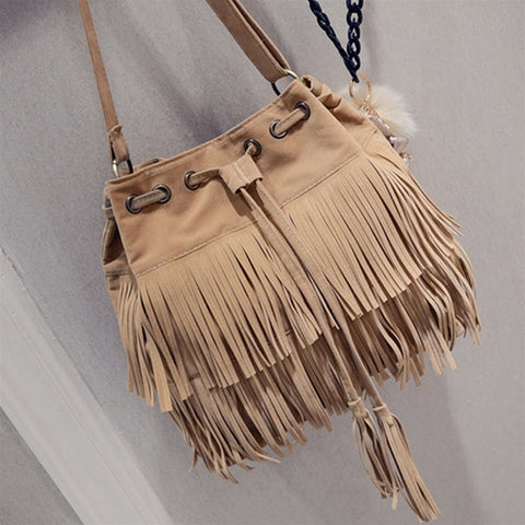 Image of Retro Faux Suede Fringe Women Messenger Bags Tote New Handbag Tassel Shoulder Handbags Crossbody Bag Top-Handle Bags