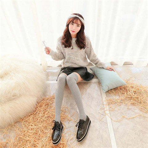 Image of Thigh High Striped & Ribbed Sexy Women Cotton Adult Stockings Warm Thigh High Over The Knee Socks Non-slip