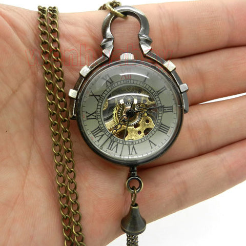 Image of Pocket Watch Necklace Bell Design Mechanical Wind Up Pocket Watch With Chain Necklace