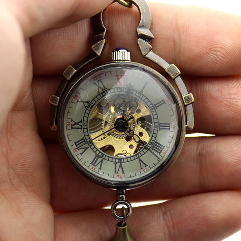 Image of Pocket Watch Necklace Bell Design Mechanical Wind Up Pocket Watch With Chain Necklace