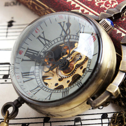 Image of Pocket Watch Necklace Bell Design Mechanical Wind Up Pocket Watch With Chain Necklace