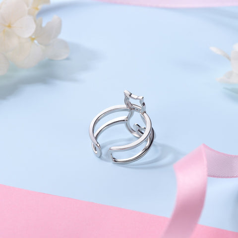 Image of Cat Heart Ring 925 Sterling Silver CZ Ring Adjustable