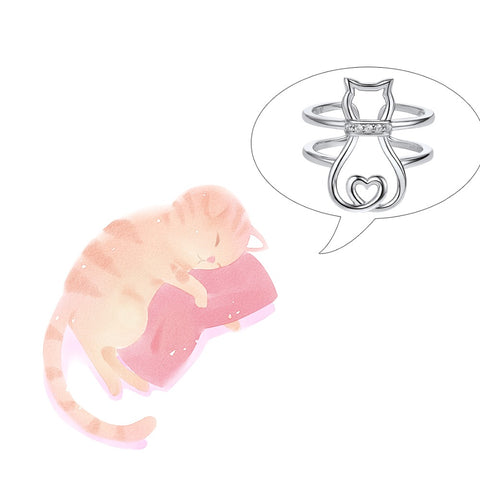 Image of Cat Heart Ring 925 Sterling Silver CZ Ring Adjustable