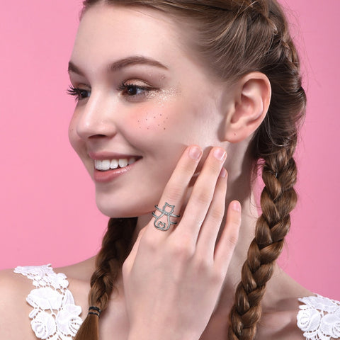 Image of Cat Heart Ring 925 Sterling Silver CZ Ring Adjustable