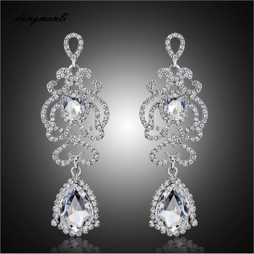 Hollow Crystal Water Silver Plated Austrian Chandelier Earrings
