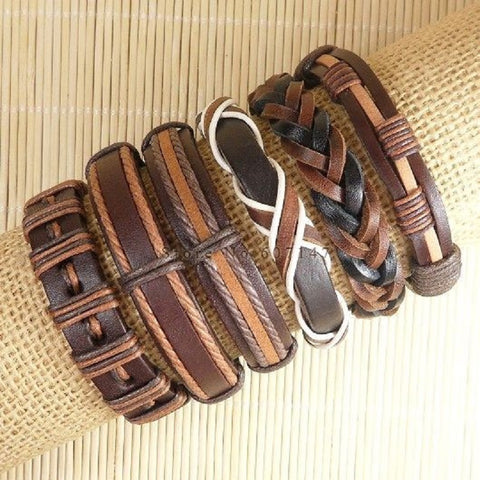 Image of 6pcs Handmade ethnic tribal genuine braided leather