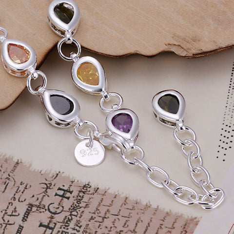 Image of Silver Plated bracelet 925 Silver bracelet colorful Tear-Drop Channel set rhinestone Bracelet~ Free Shipping