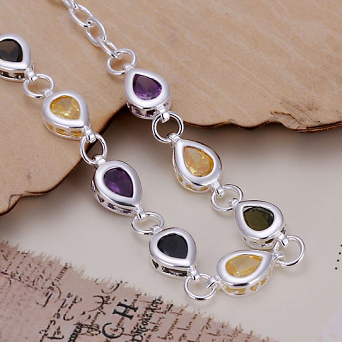 Silver Plated bracelet 925 Silver bracelet colorful Tear-Drop Channel set rhinestone Bracelet~ Free Shipping