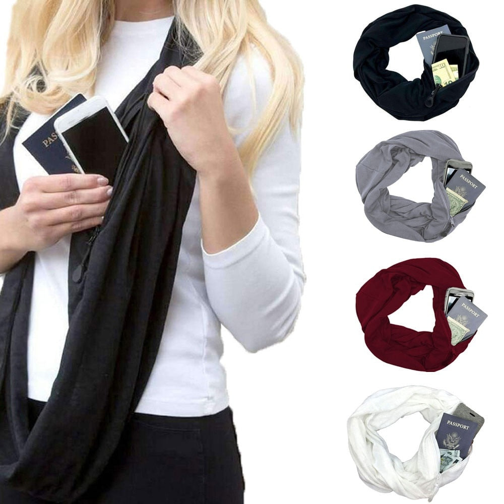 Women Infinity Scarf Zippered Secret Pocket