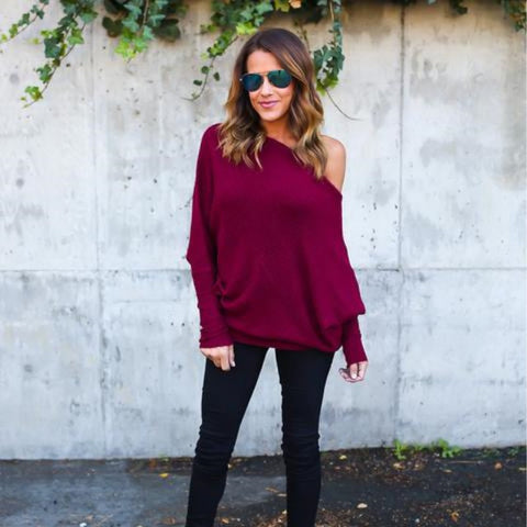 Image of Off Shoulder Oversized Winter Off Shoulder Oversized Knitted Sweaters Ladies Runway Sweaters Winter Tops