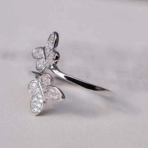 Image of Silver Plated Butterfly Rhinestone Adjustable ring