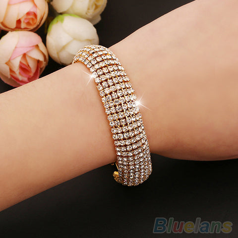 Image of Women's Roman Golden Silver Rhinestone Wedding Party Mesh Cuff Bangle Bracelet
