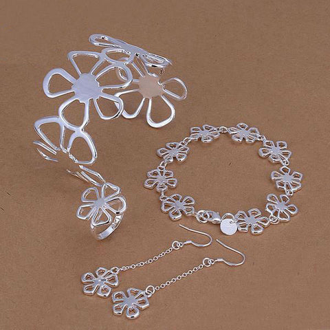 Image of Hot Sale Silver Plated Jewelry Set,Cheap Bridal Party Sets,Simple Flower Fashion Silver Bangle Bracelet Earring Ring Four-piece