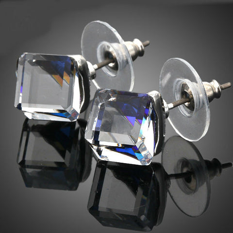 Image of White Gold Color Stellux Austrian Crystal Blue Cube Stud Earring