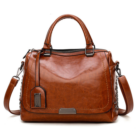 Image of Large Capacity Brand Oil Wax Leather Rivet Boston Bag High Quality Female Cross-body Tote Shoulder Bag|Shoulder Bags