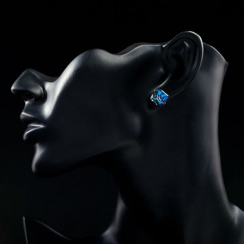 Image of White Gold Color Stellux Austrian Crystal Blue Cube Stud Earring
